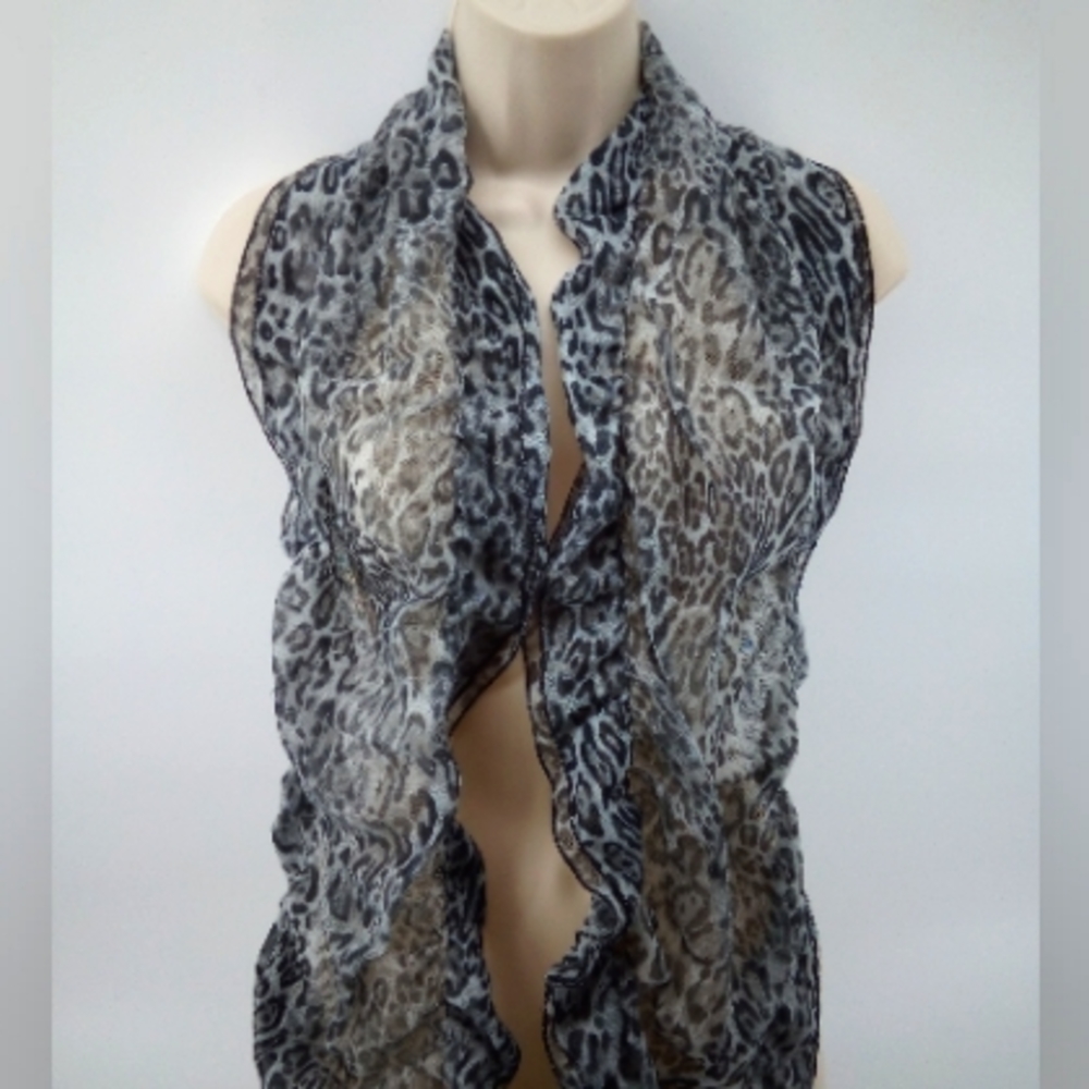 Vintage Snow Leopard Animal Print Sheer Ruffle Neck Scarf
